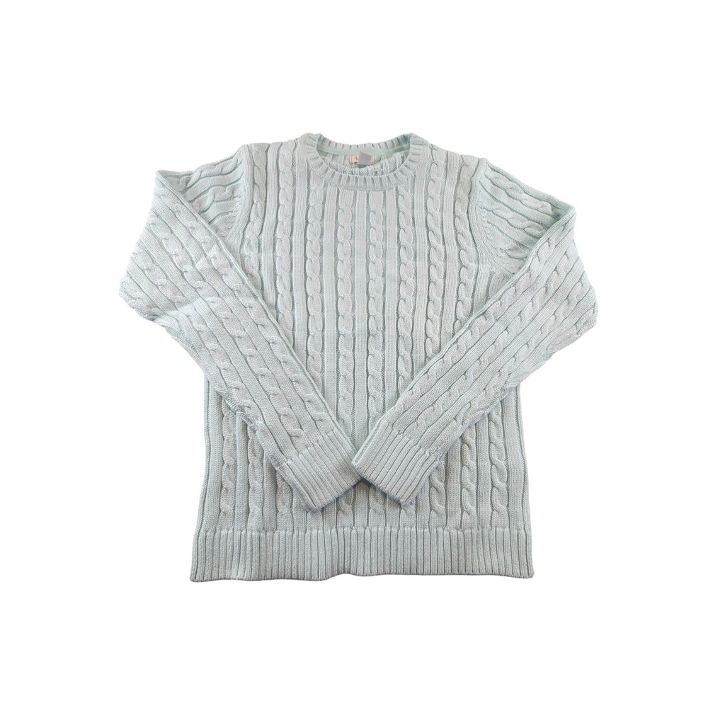 LL Bean Cable Knit Sweater Small Mint Green Cotton Crewneck 258841
